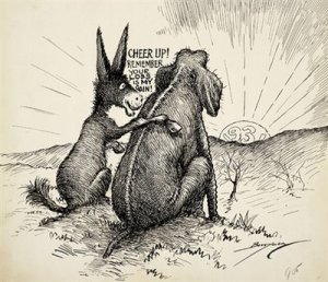 The Democratic donkey consoles the Republican elephant.